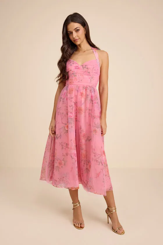 Nisha Pink Floral Organza Halter Midi Dress sold by Lulus