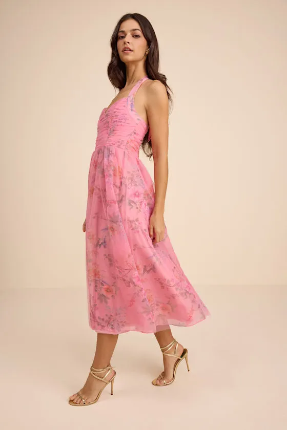 Nisha Pink Floral Organza Halter Midi Dress sold by Lulus product image thumbnail 4