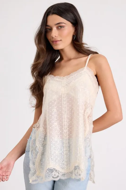 Aylani Cream Sheer Lace Sequin Slip Cami Top sold by Lulus