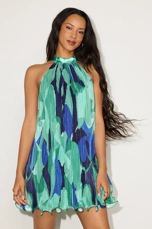 Vaivah Green Abstract Satin Plisse Mock Neck Swing Mini Dress made by Lulus