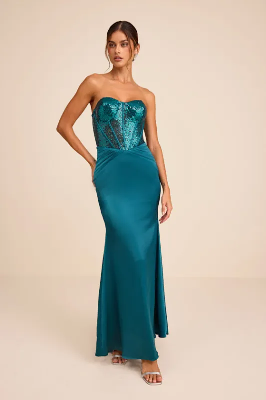 Ria Emerald Sequin Strapless Mermaid Maxi Dress sold by Lulus