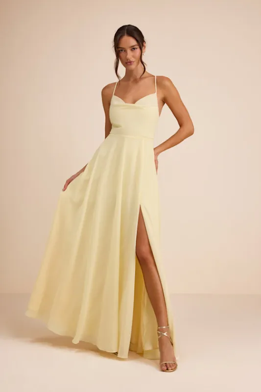 Romantically Speaking Light Yellow Cowl Lace-Up Maxi Dress sold by Lulus