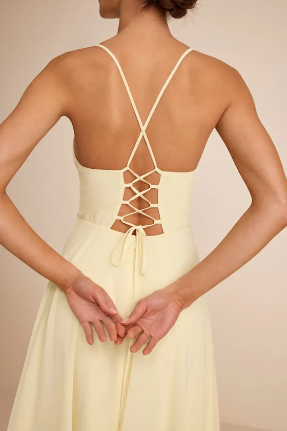 Romantically Speaking Light Yellow Cowl Lace-Up Maxi Dress sold by Lulus product image thumbnail 2