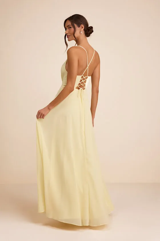 Romantically Speaking Light Yellow Cowl Lace-Up Maxi Dress sold by Lulus product image thumbnail 3
