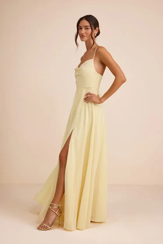 Romantically Speaking Light Yellow Cowl Lace-Up Maxi Dress sold by Lulus product image thumbnail 4