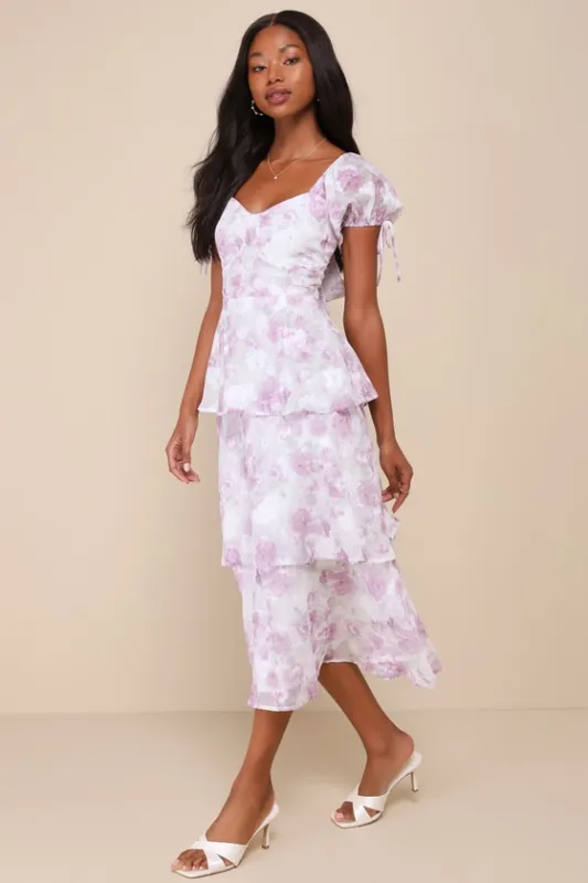 Exquisitely Lovely Purple Floral Bustier Tiered Midi Dress sold by Lulus
