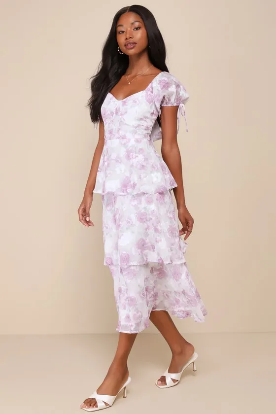 Exquisitely Lovely Purple Floral Bustier Tiered Midi Dress sold by Lulus