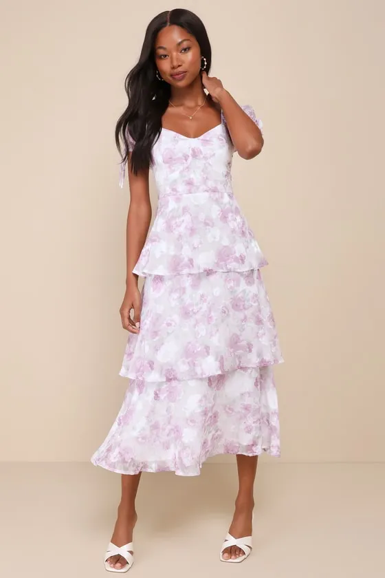 Exquisitely Lovely Purple Floral Bustier Tiered Midi Dress sold by Lulus product image thumbnail 4