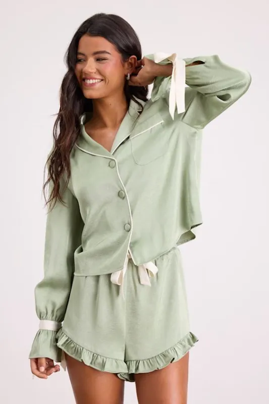 Kelda Sage Green Satin Ruffled Two-Piece Pajama Set made by Lulus