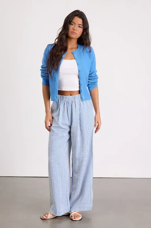 Tilly Blue Gingham Mid-Rise Wide-Leg Pants sold by Lulus