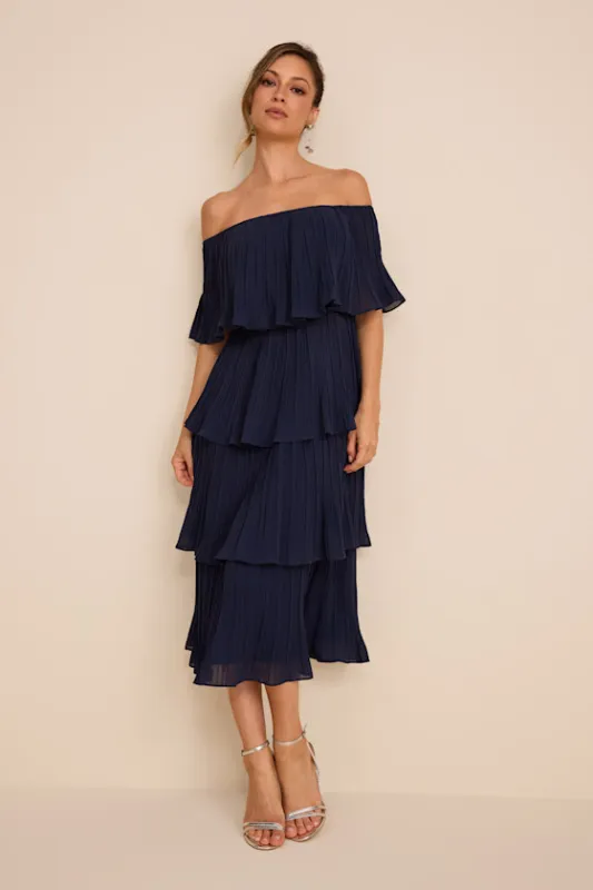 Gala Ready Navy Blue Off-the-Shoulder Ruffle Midi Dress sold by Lulus
