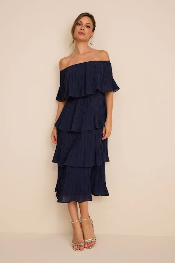 Gala Ready Navy Blue Off-the-Shoulder Ruffle Midi Dress sold by Lulus