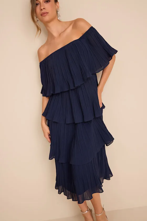 Gala Ready Navy Blue Off-the-Shoulder Ruffle Midi Dress sold by Lulus product image thumbnail 2