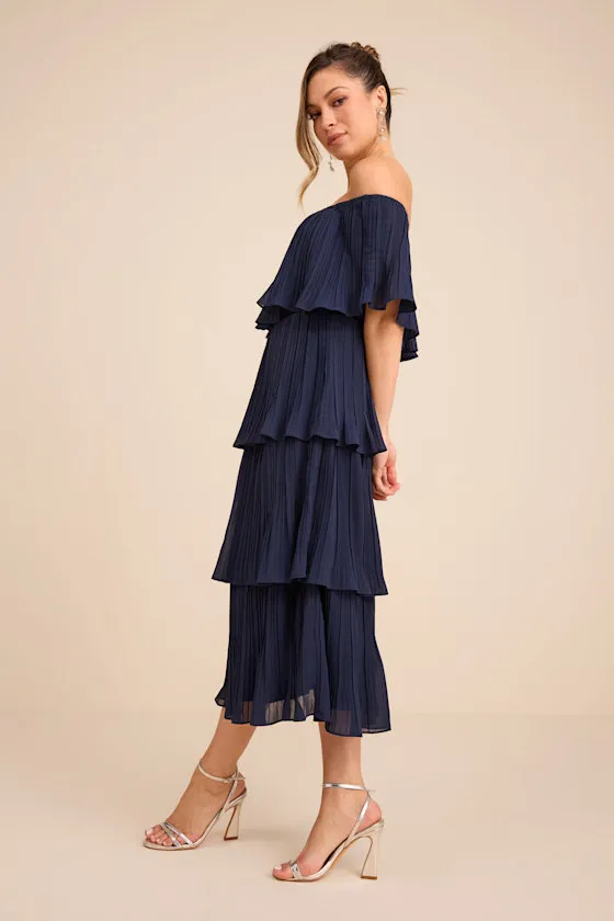 Gala Ready Navy Blue Off-the-Shoulder Ruffle Midi Dress sold by Lulus product image thumbnail 4
