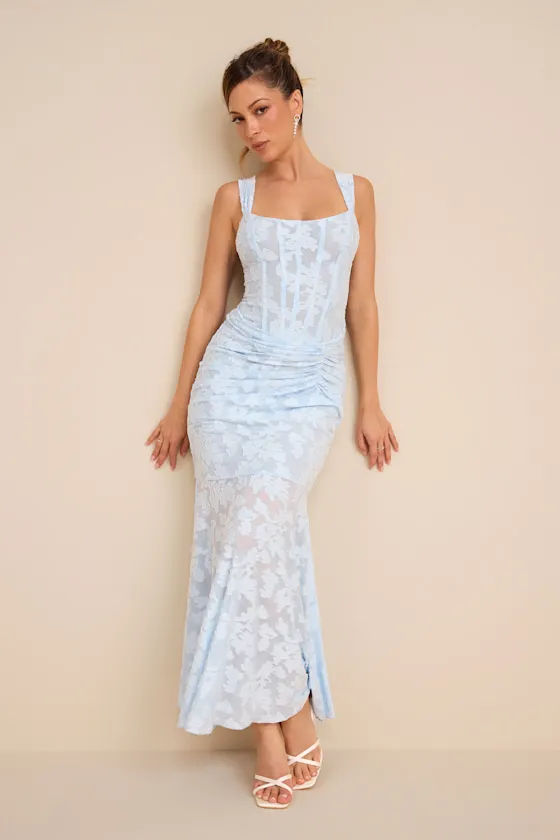 Celeste Light Blue Floral Burnout Bustier Maxi Dress sold by Lulus product image thumbnail 2