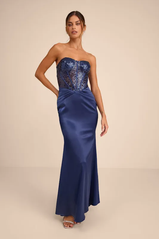 Ria Navy Blue Sequin Strapless Mermaid Maxi Dress sold by Lulus
