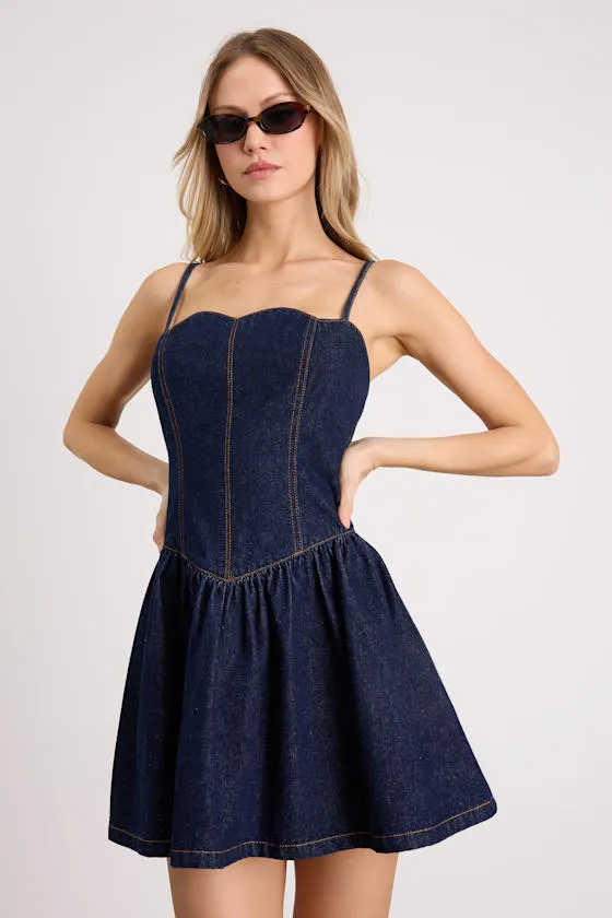 Phoenix Dark Wash Basque Waist Mini Dress sold by Lulus