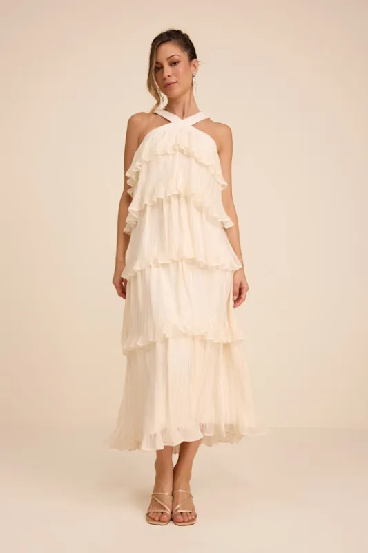Lauretta Ivory Plisse Tiered Midi Dress sold by Lulus