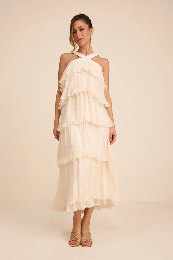 Lauretta Ivory Plisse Tiered Midi Dress sold by Lulus