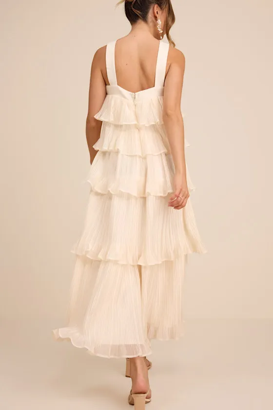 Lauretta Ivory Plisse Tiered Midi Dress sold by Lulus product image thumbnail 3