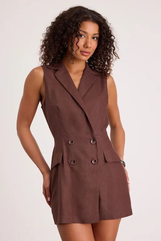 Paris Brown Linen Collared Romper made by Steve Madden