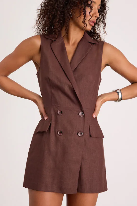 Paris Brown Linen Collared Romper sold by Lulus product image thumbnail 2