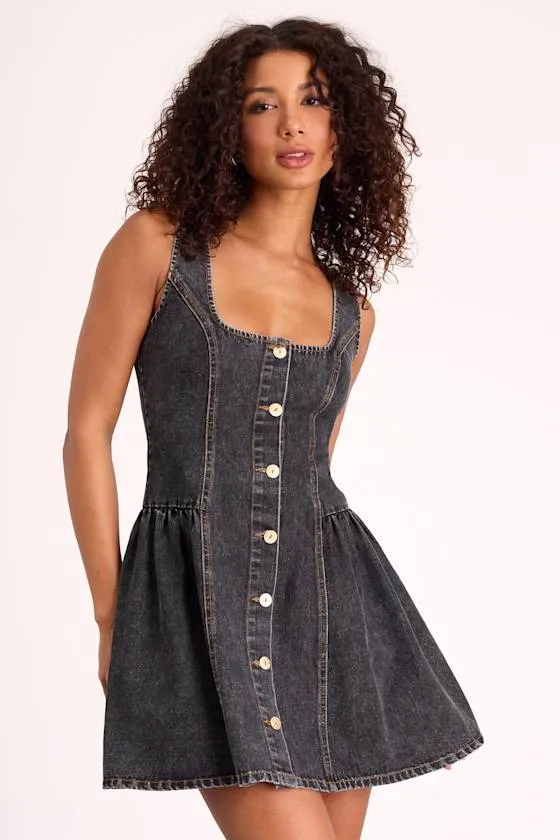 Prinsley Washed Black Denim Button-Front Mini Dress sold by Lulus