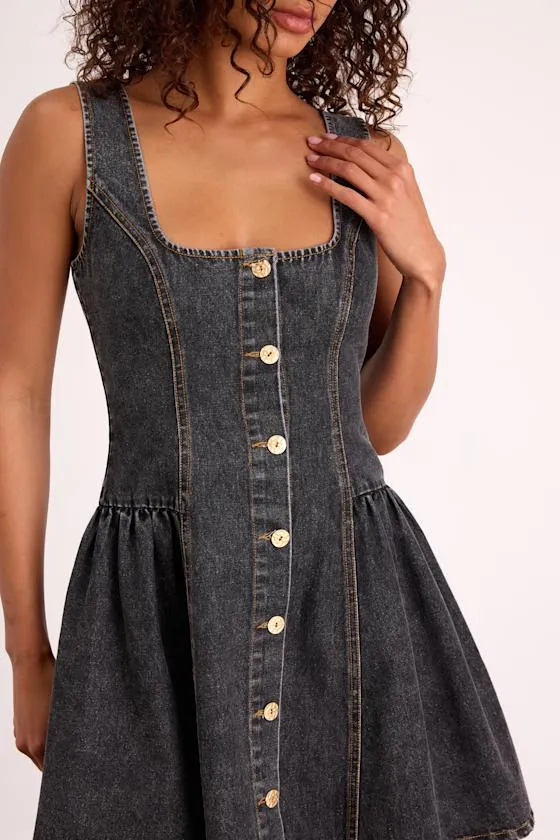 Prinsley Washed Black Denim Button-Front Mini Dress sold by Lulus product image thumbnail 3