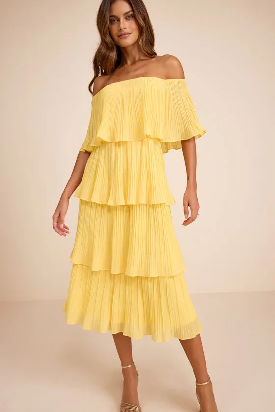 Gala Ready Yellow Off-the-Shoulder Ruffle Midi Dress sold by Lulus