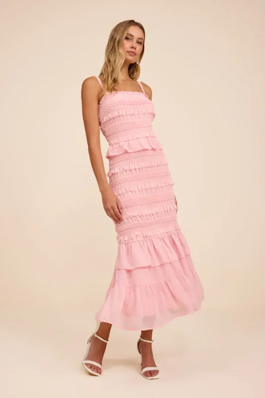 Harley Light Pink Smocked Ruffled Midi Dress sold by Lulus