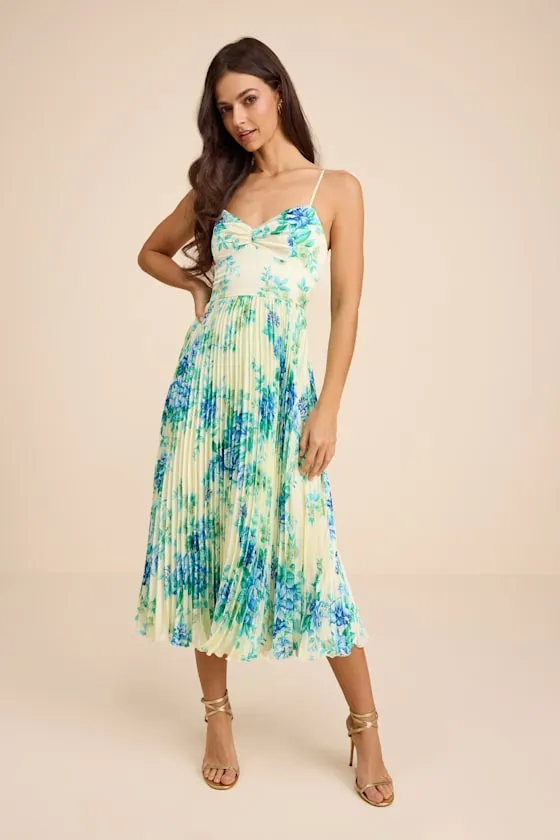 Francette Yellow Floral Satin Pleated Midi Dress sold by Lulus