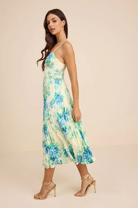 Francette Yellow Floral Satin Pleated Midi Dress sold by Lulus product image thumbnail 4