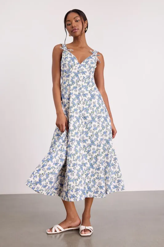 Fenley Ivory and Blue Ivory Floral Button-Front Midi Dress sold by Lulus