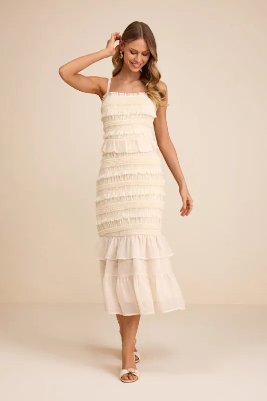 Harley Cream Smocked Ruffled Midi Dress sold by Lulus