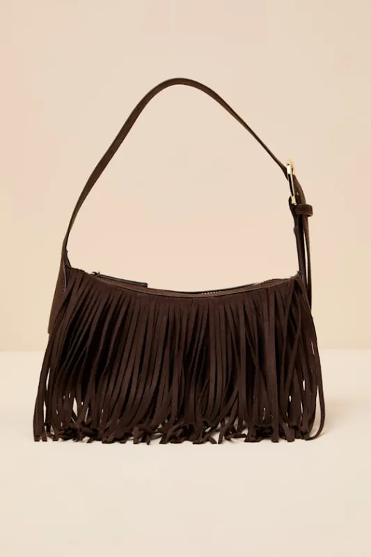 Quinn Brown Suede Fringe Shoulder Bag sold by Lulus