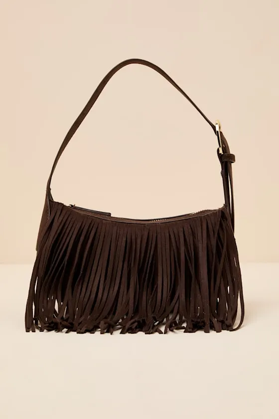 Quinn Brown Suede Fringe Shoulder Bag sold by Lulus