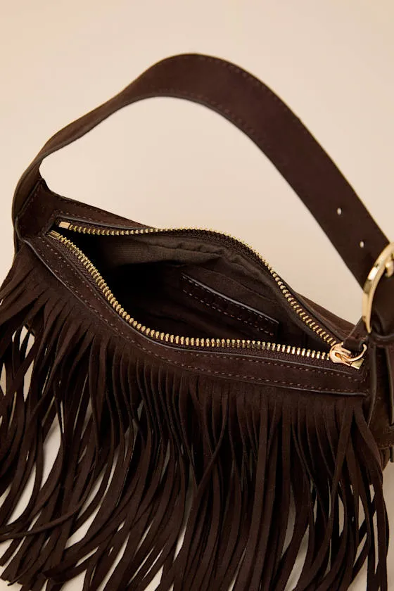 Quinn Brown Suede Fringe Shoulder Bag sold by Lulus product image thumbnail 4