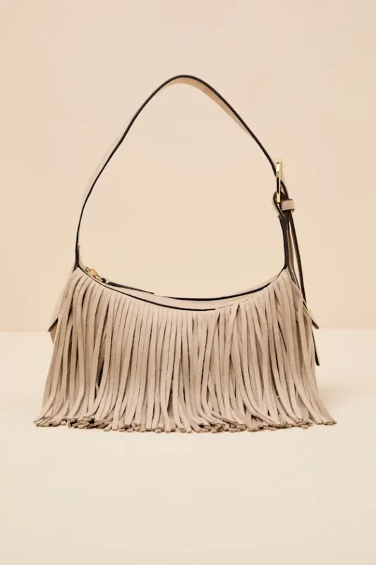 Quinn Light Beige Suede Fringe Shoulder Bag sold by Lulus