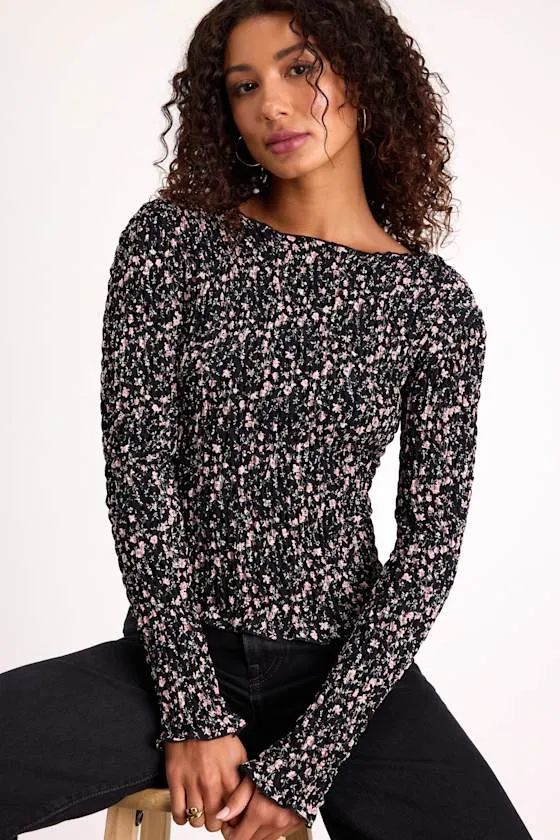 Elva Black Floral Smocked Long Sleeve Top sold by Lulus