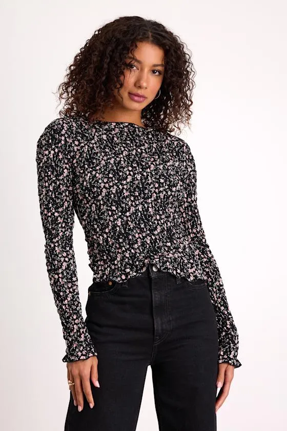 Elva Black Floral Smocked Long Sleeve Top sold by Lulus product image thumbnail 2