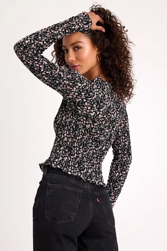 Elva Black Floral Smocked Long Sleeve Top sold by Lulus product image thumbnail 3