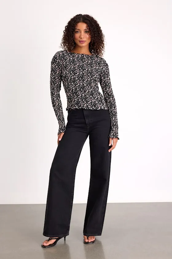 Elva Black Floral Smocked Long Sleeve Top sold by Lulus product image thumbnail 4