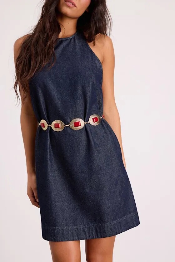 Darlene Gold and Red Stone Concho Belt sold by Lulus