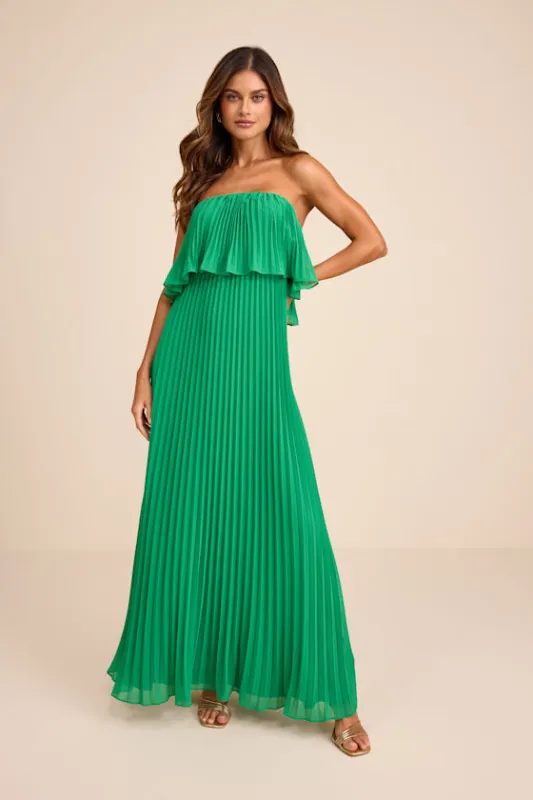 Arietta Green Pleated Strapless Maxi Dress sold by Lulus