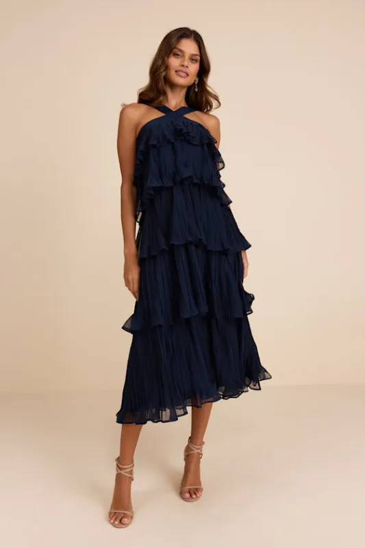 Lauretta Navy Plisse Tiered Midi Dress sold by Lulus