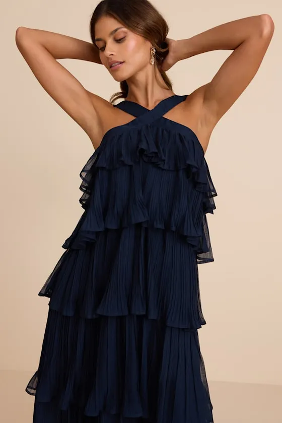 Lauretta Navy Plisse Tiered Midi Dress sold by Lulus product image thumbnail 2