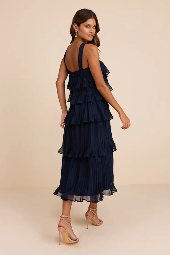 Lauretta Navy Plisse Tiered Midi Dress sold by Lulus product image thumbnail 3