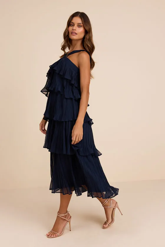 Lauretta Navy Plisse Tiered Midi Dress sold by Lulus product image thumbnail 4