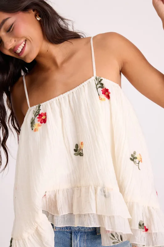 River Cream Floral Embroidered Ruffled Tank Top sold by Lulus