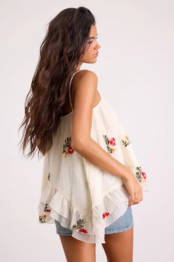 River Cream Floral Embroidered Ruffled Tank Top sold by Lulus product image thumbnail 2